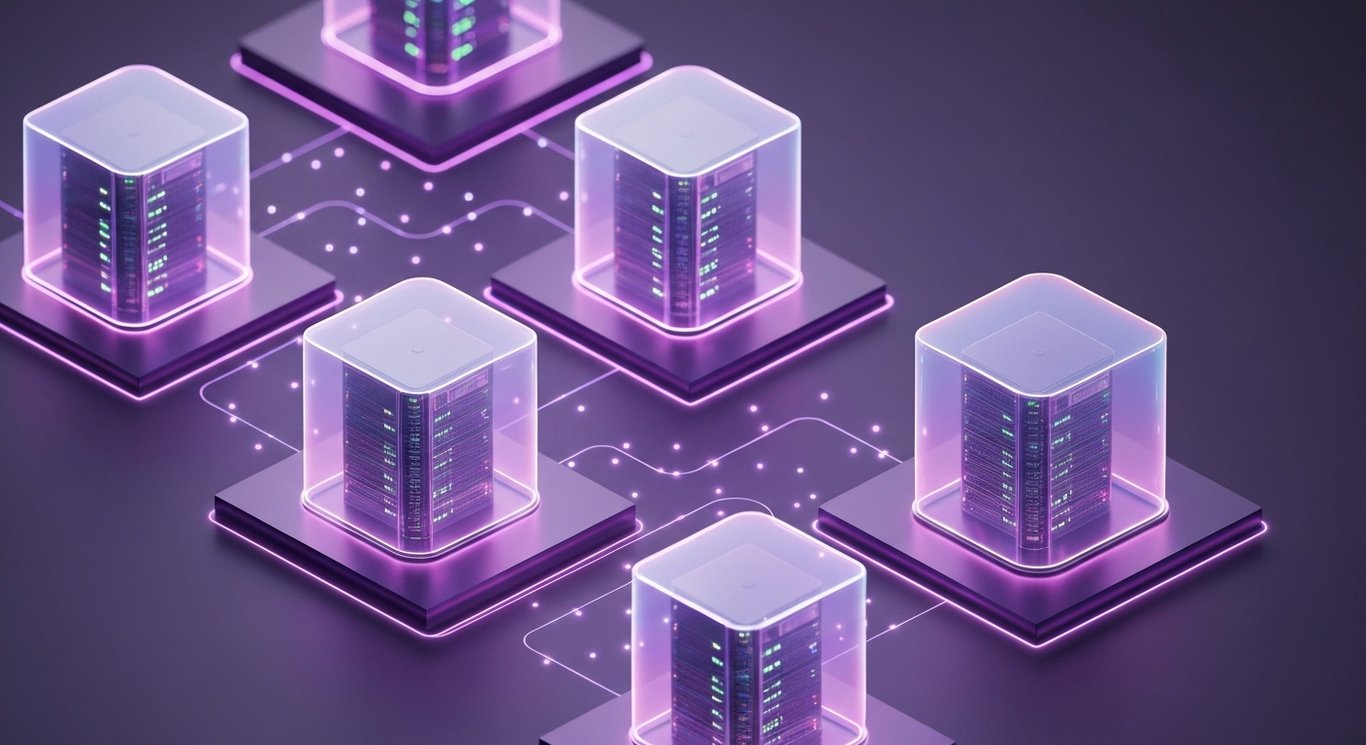 Cloud server racks with a holographic shield, edge data centers and flowing network lines in a soft purple glow