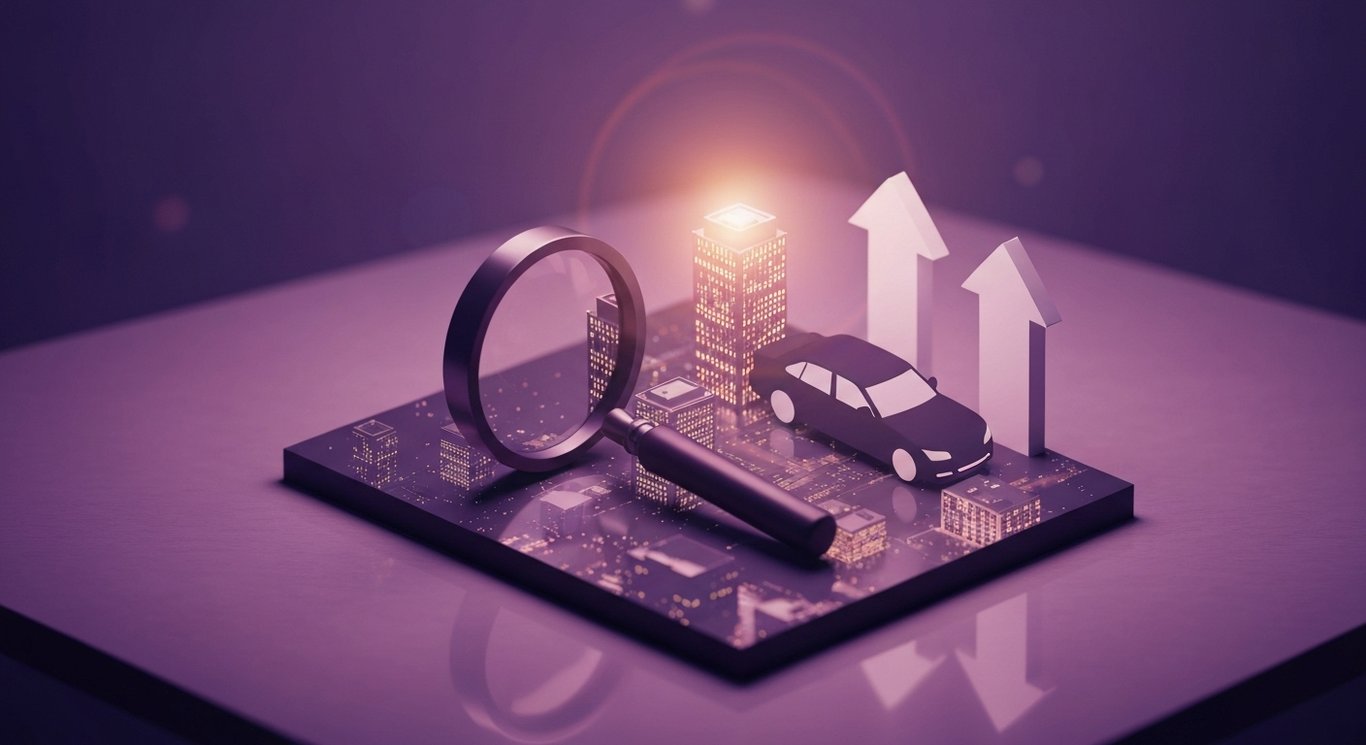 Magnifying glass beside car silhouette and upward arrow on a reflective desk with soft purple city lights bokeh