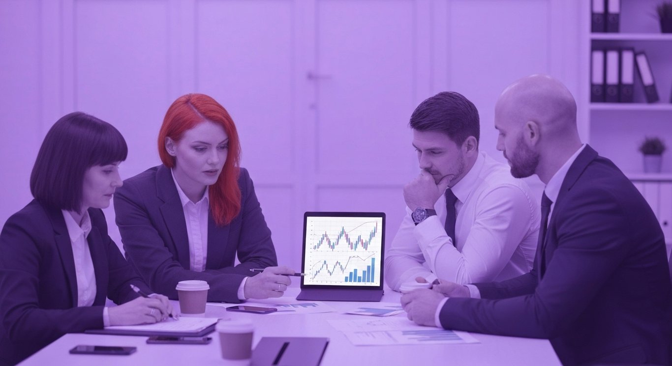 Businesspeople analyzing graphs on a tablet at an office table with coffee and papers, purple tones in background