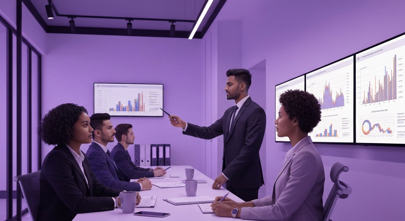Business people review financial charts on digital screens in a modern office with purple-toned lighting