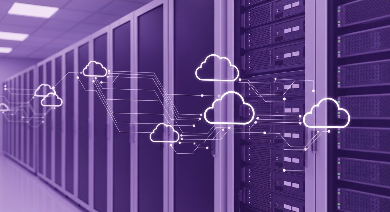 Server racks and cloud icons connected by glowing lines in a futuristic purple-toned setting