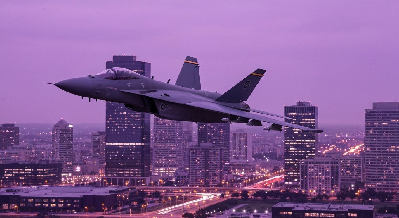 Futuristic fighter jet flying over a modern city skyline at dusk with a purple-themed minimalist background
