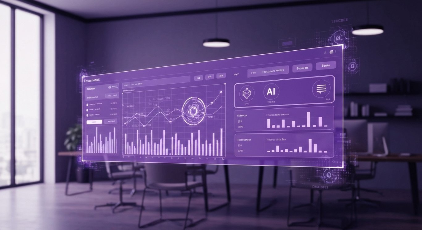 Abstract financial dashboard with glowing data points and AI symbols in a modern purple-themed office