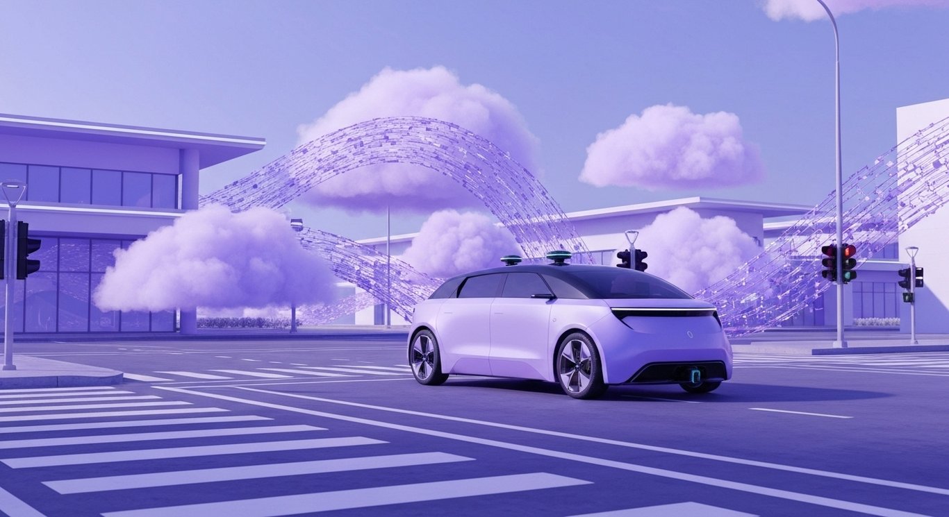 Autonomous vehicle at a city intersection with digital clouds and abstract data flows in the background