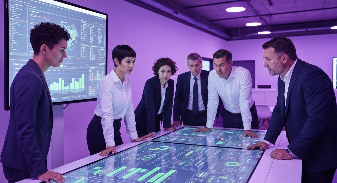 Business professionals discussing data around a digital display in a modern office with purple ambient lighting