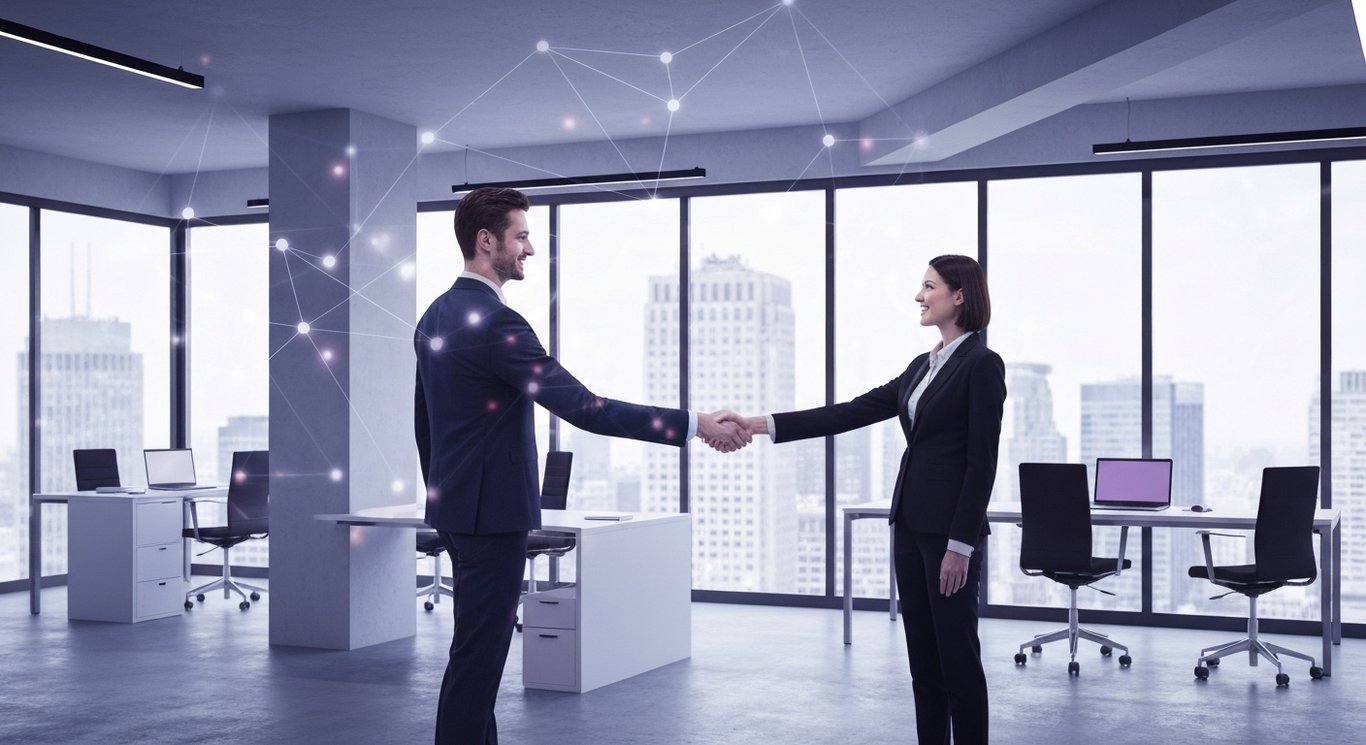 Business professionals shaking hands in a modern office with a city skyline and digital network in the background