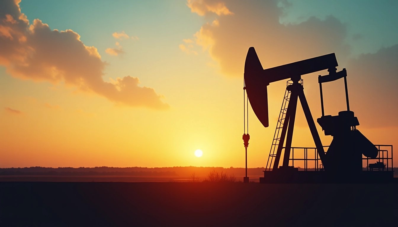 Oil derrick at sunrise, symbolizing the energy sector.