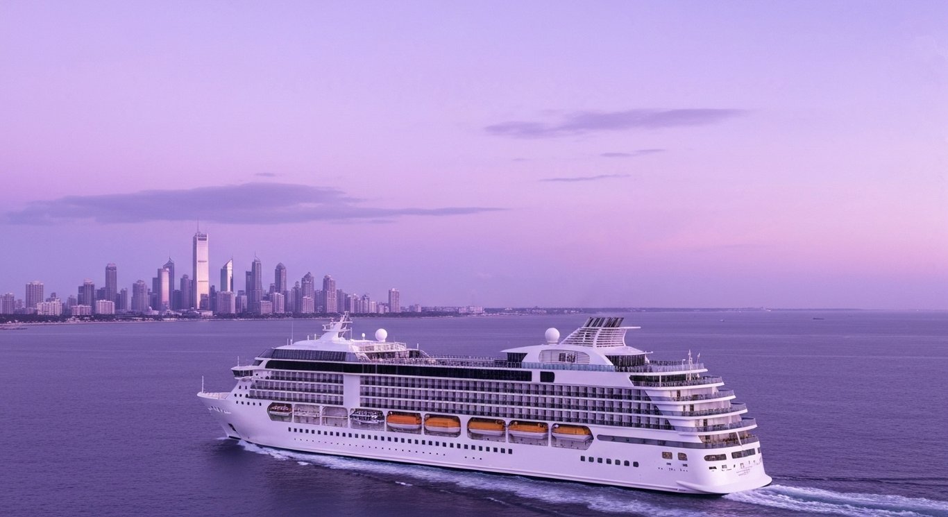 Cruise ship gliding across tranquil ocean with a purple-toned sky and distant cityscape in the background