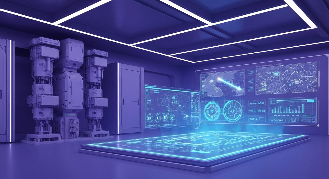 Missile defense system in a high-tech command center with purple lighting