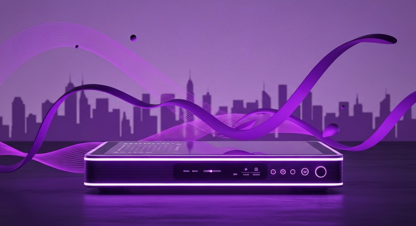 Entertainment device with glowing interface amid abstract waves and a futuristic purple cityscape