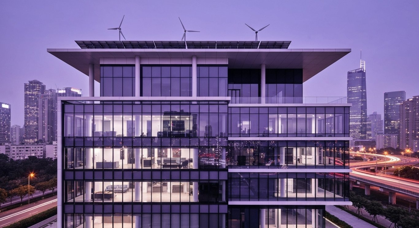 Corporate office building with glass facade, cityscape and energy structures in the soft purple background