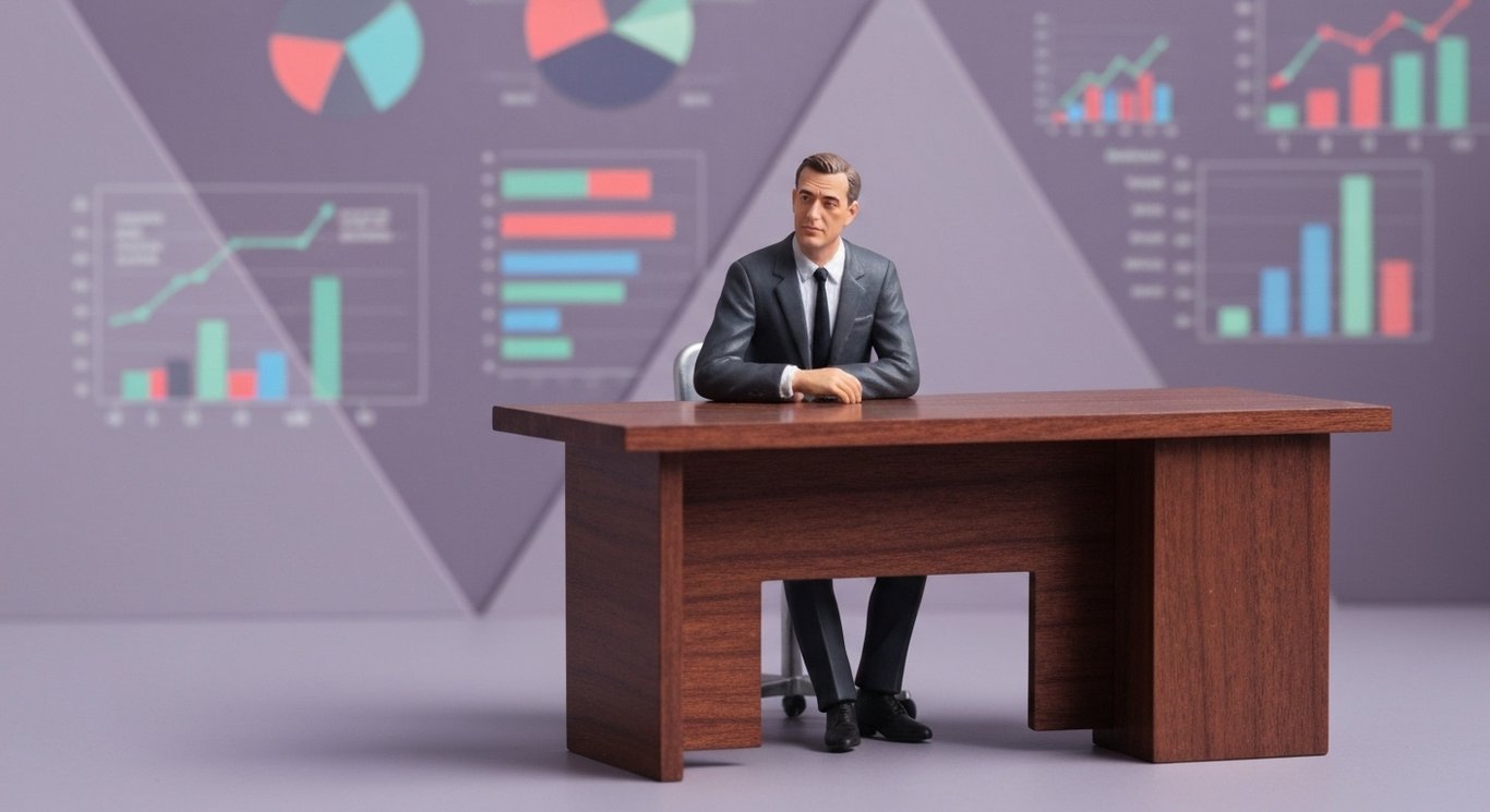 Business executive figurine seated at a modern desk with abstract charts in a purple-themed room