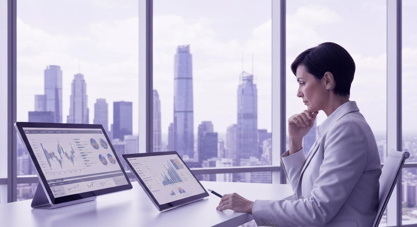 Business executive in a glass office reviews financial charts on a digital screen with a purple cityscape in the background