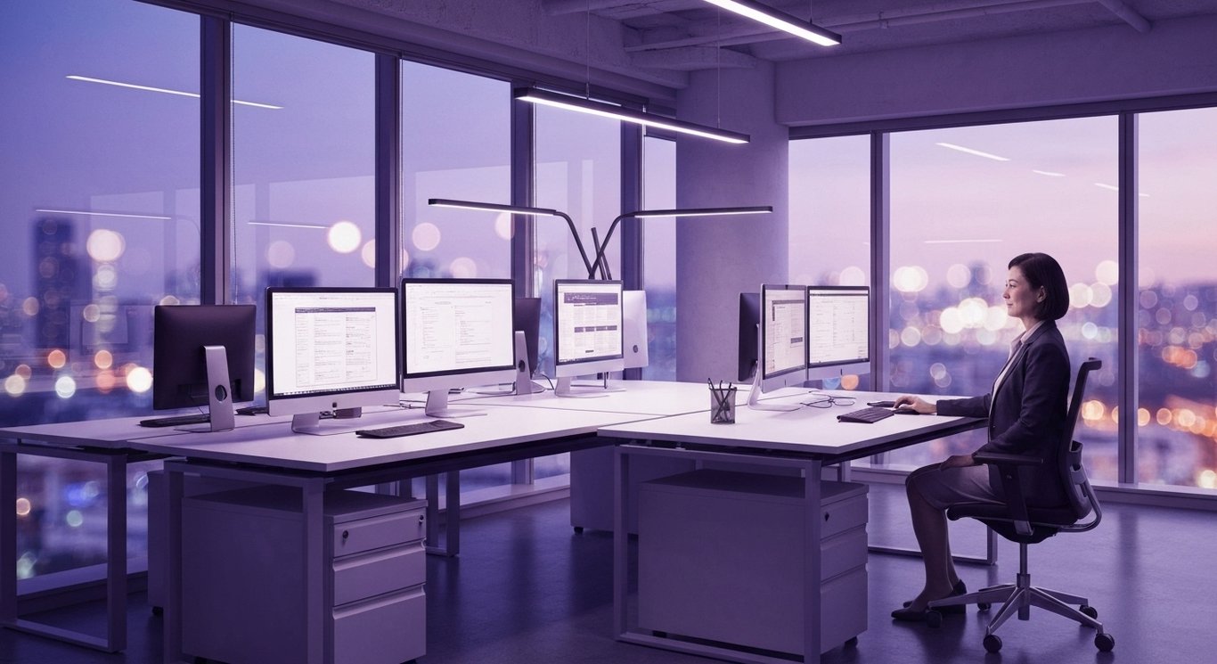 Modern office workspace with computer monitors and cityscape through large windows