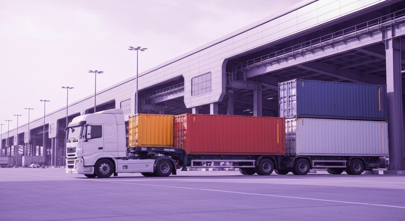 Cargo truck parked at a modern logistics facility with a subtle purple-toned background