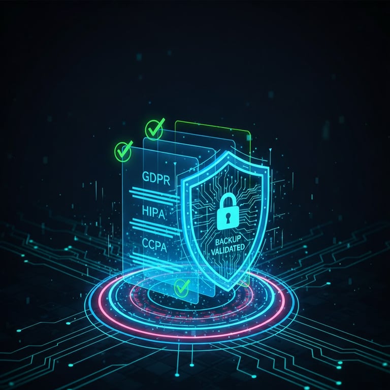 An illustration of compliance and data protection—documents, checkmarks, and shields symbolizing regulations and backup validation.