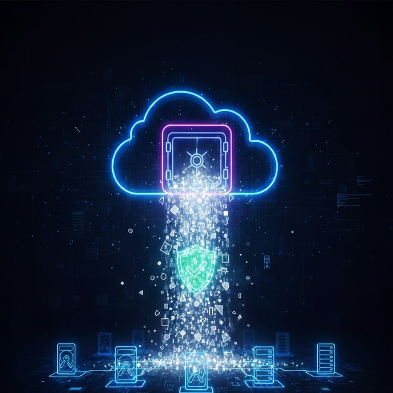 A dark-themed cybersecurity illustration showing data backups being restored from a secure cloud vault, symbolizing data recovery and safety.