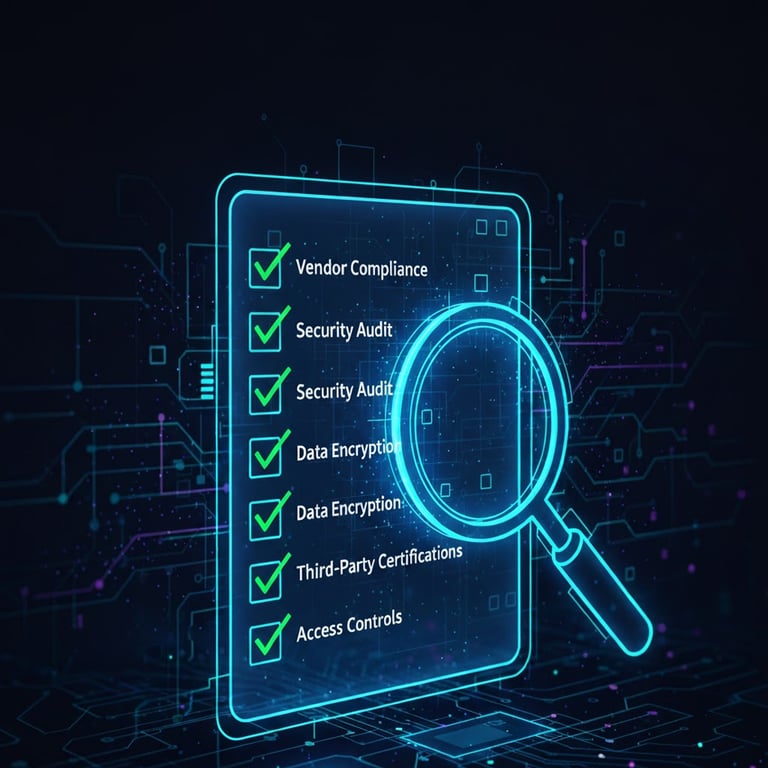 Checklist and magnifying glass over vendor documents