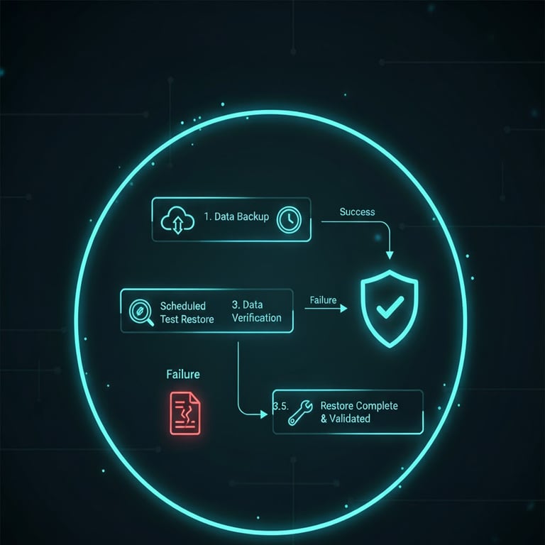 Step-by-step visual or flowchart showing the backup testing process from data backup to restore verification.