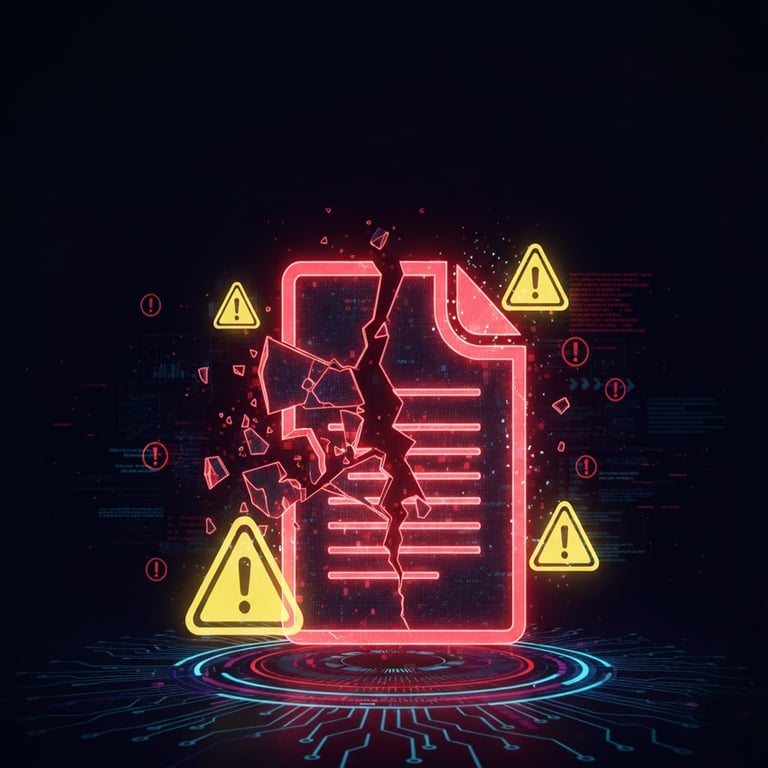 A visual showing a broken backup file icon with warning signs, illustrating the risk of untested backups.