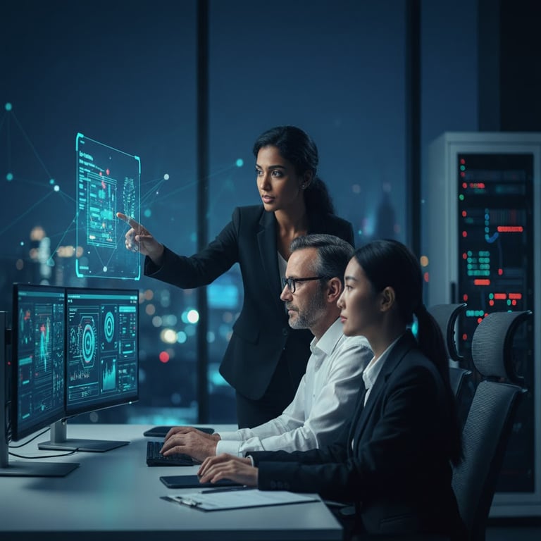 A dark-themed scene showing a business recovering successfully from a cyberattack, symbolizing hope and resilience, with data restored on secure screens.