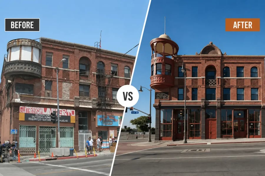 Before-and-After photos of renovated building. Photo Credit Reddit.