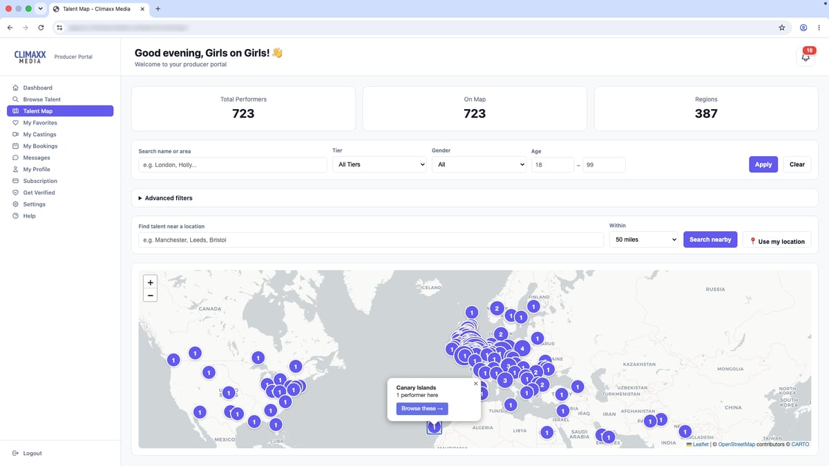 Climaxx Media talent map inside the producer portal, performer pins by city across the UK and Europe