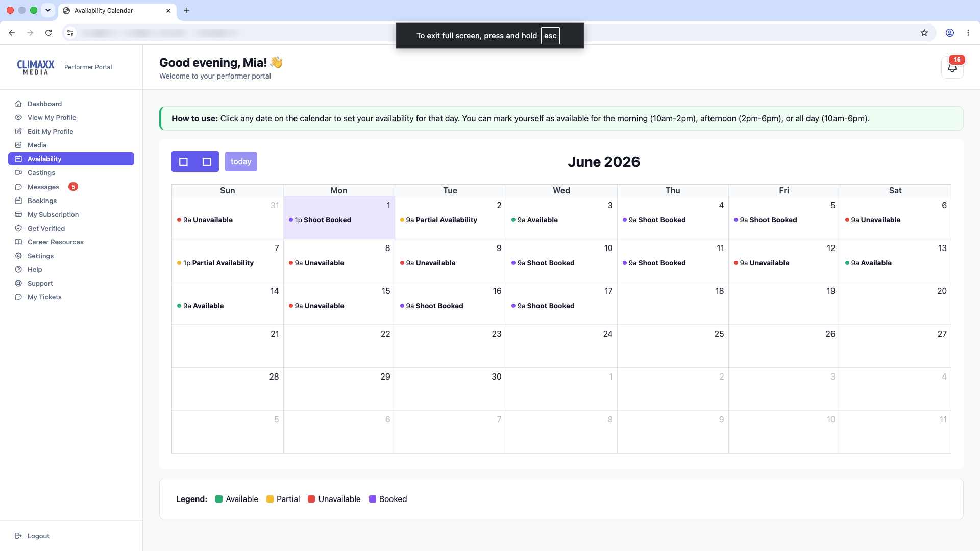 Availability calendar