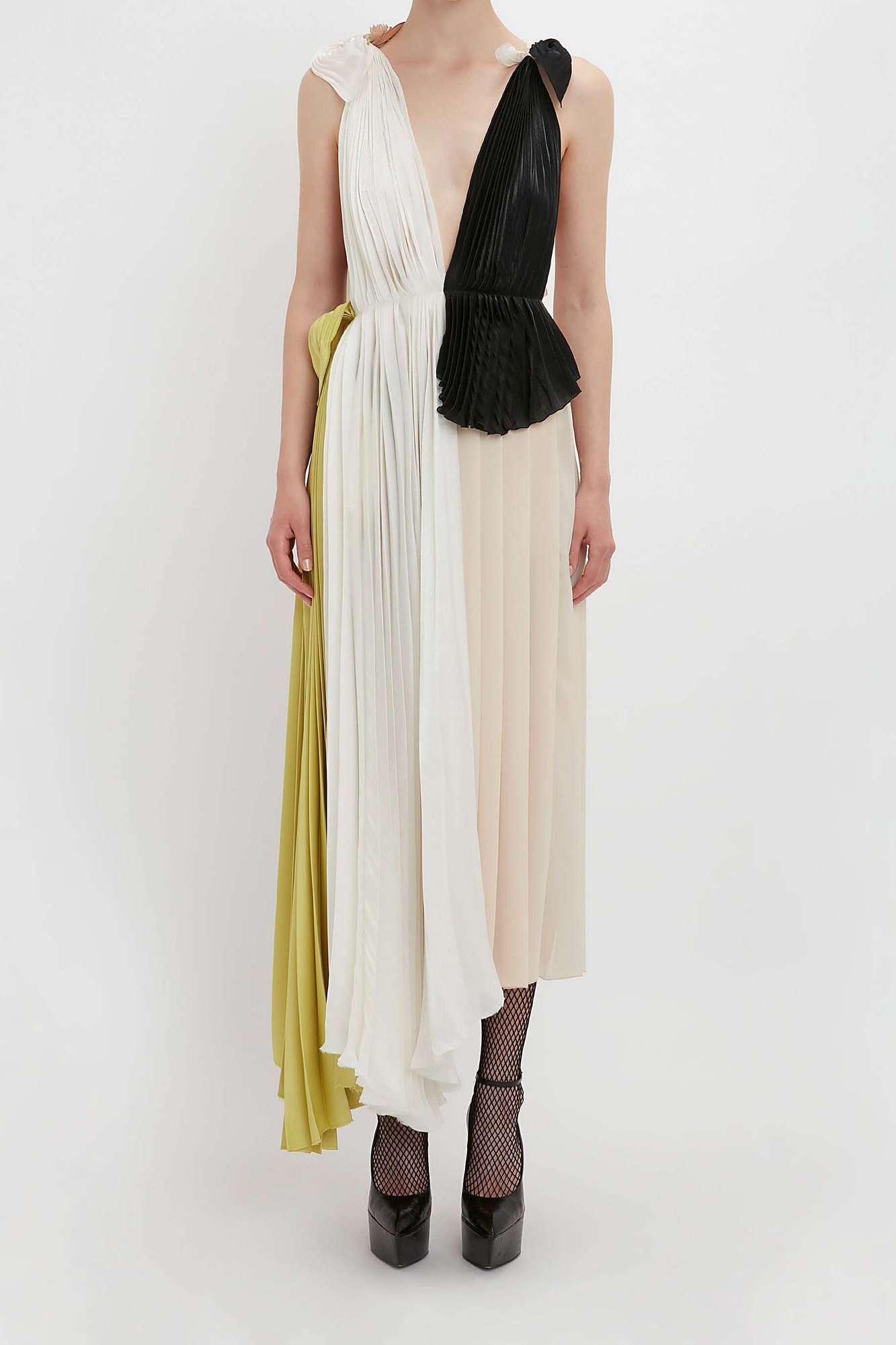 Asymmetric Pleated V-Neck Dress