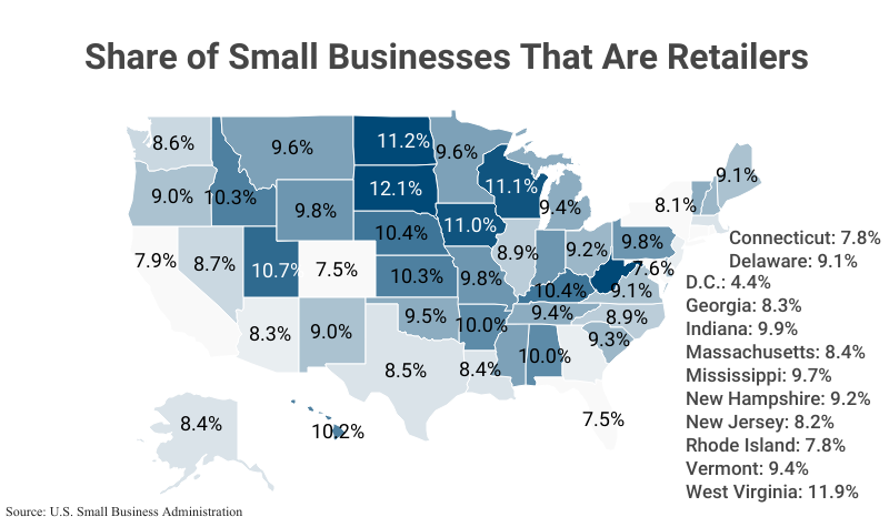 National Map: Share of Small Businesses That Are Retailers according to the U.S. Small Business Administration