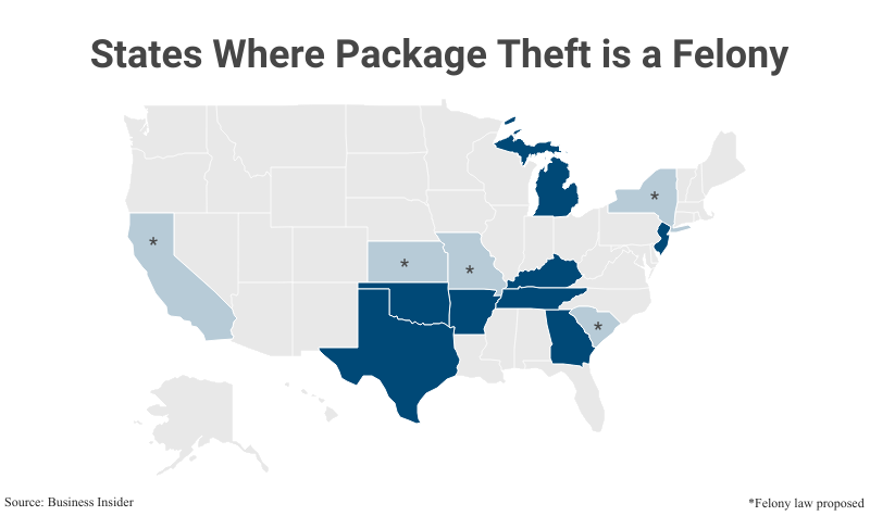 U.S. Map: States Where Package Theft is a Felony according to Business Insider