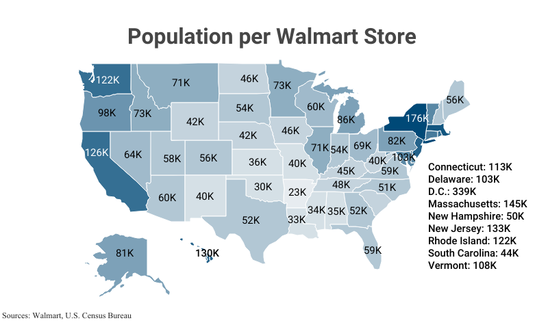 National Map: Population per Walmart Store according to Walmart and the U.S. Census Bureau