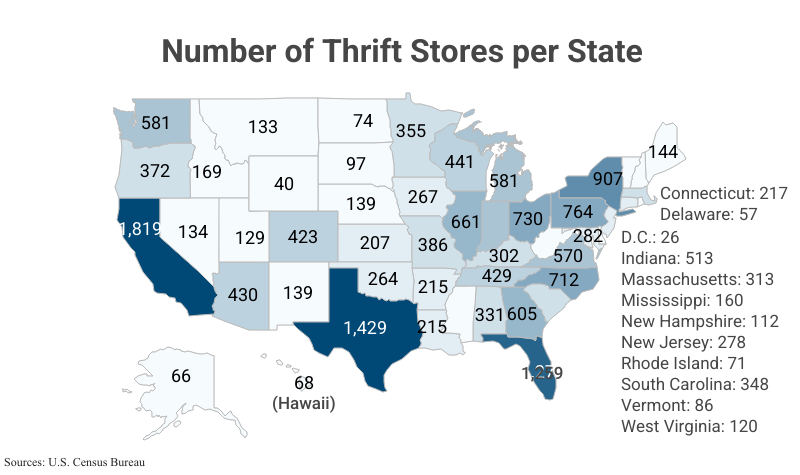 National Map: Number of Thrift Stores per State according to the U.S. Census Bureau