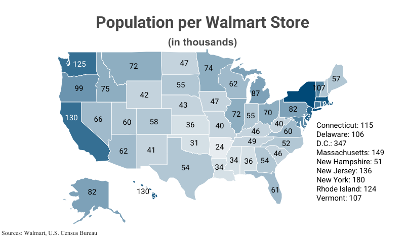 National Map: Population per Walmart Store according to Walmart and the U.S. Census Bureau