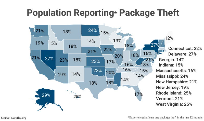 National Map: Population Reporting Package Theft within the last 12 months according to Security.org