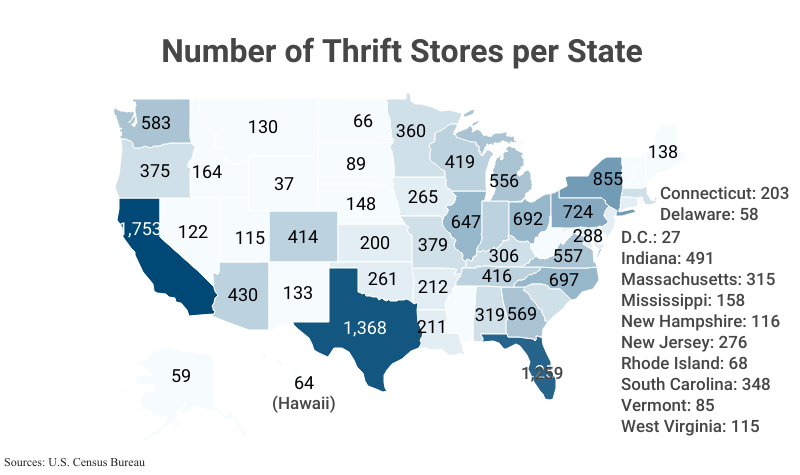National Map: Number of Thrift Stores per State according to the U.S. Census Bureau