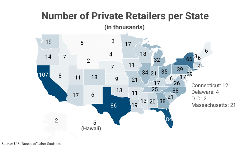 National Map: Number of Private Retailers per State in thousands according to the U.S. Bureau of Labor Statistics (BLS)