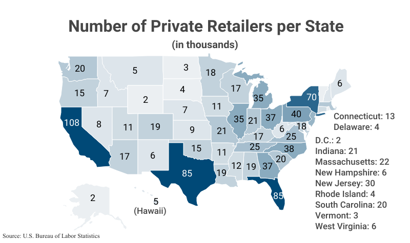 National Map: Number of Private Retailers per State in thousands according to the U.S. Bureau of Labor Statistics (BLS)