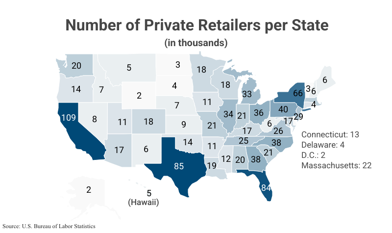 National Map: Number of Private Retailers per State in thousands according to the U.S. Bureau of Labor Statistics (BLS)