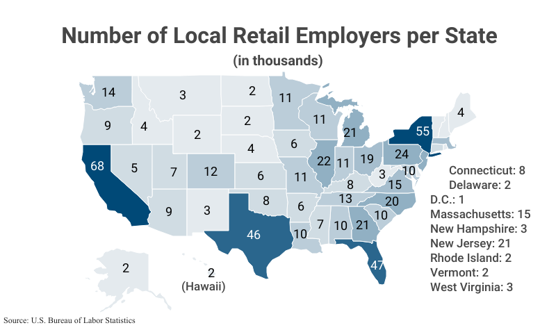 National Map: Number of Local Retail Employers per State in thousands according to the BLS