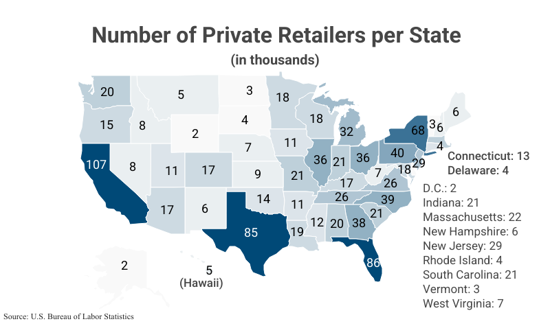 National Map: Number of Private Retailers per State in thousands according to the U.S. Bureau of Labor Statistics (BLS)