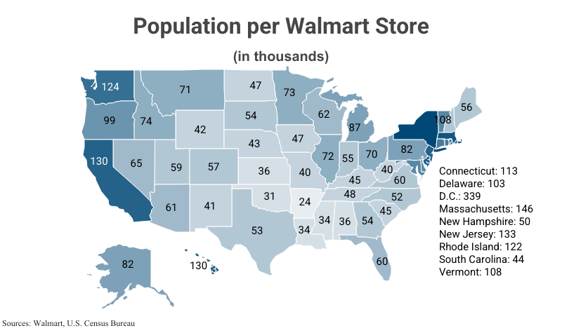 National Map: Population per Walmart Store according to Walmart and the U.S. Census Bureau
