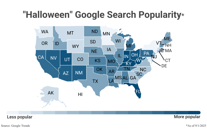 National Map: "Halloween Google Search Popularity as of September 1, 2025 according to Google Trends 