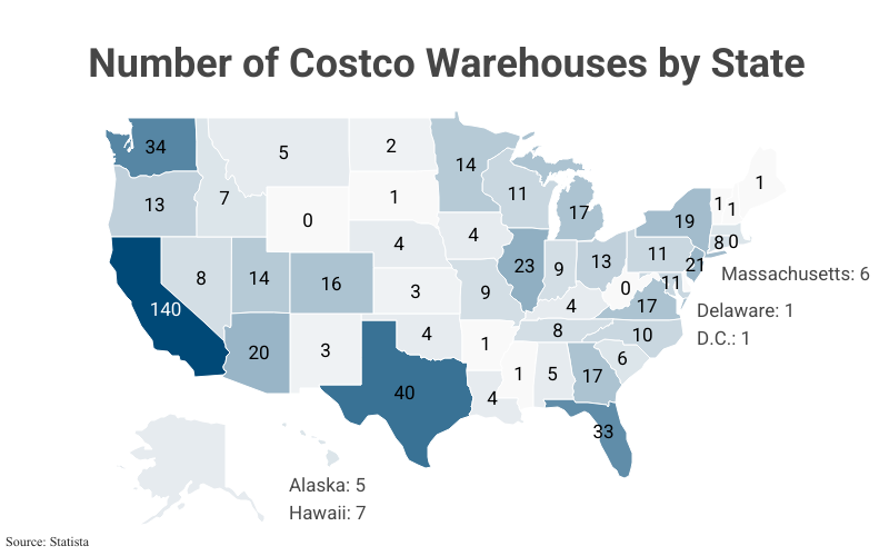 U.S. Map: Number of Costco Warehouses by State according to Statista