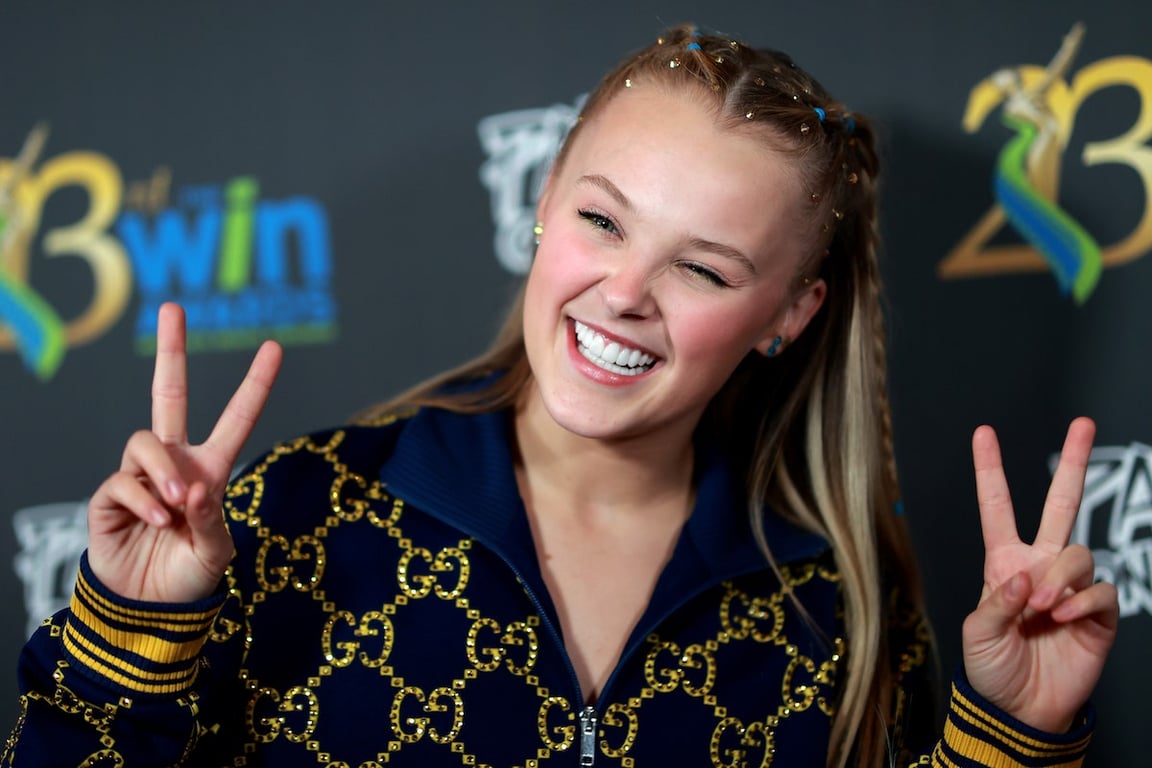 Jojo Siwa smiling and showing 2 figures and wearing a blue mixed-yellow jacket