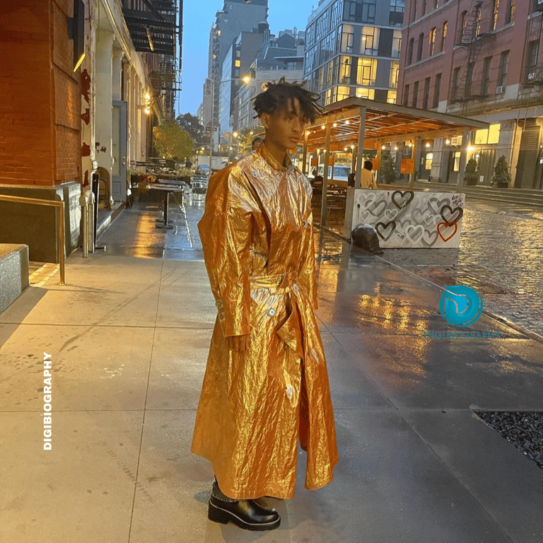 Jaden Smith gives a pose and wearing a golden dress