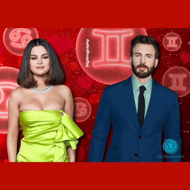 Selena Gomez stands with chris in the award show while wearing a green dress