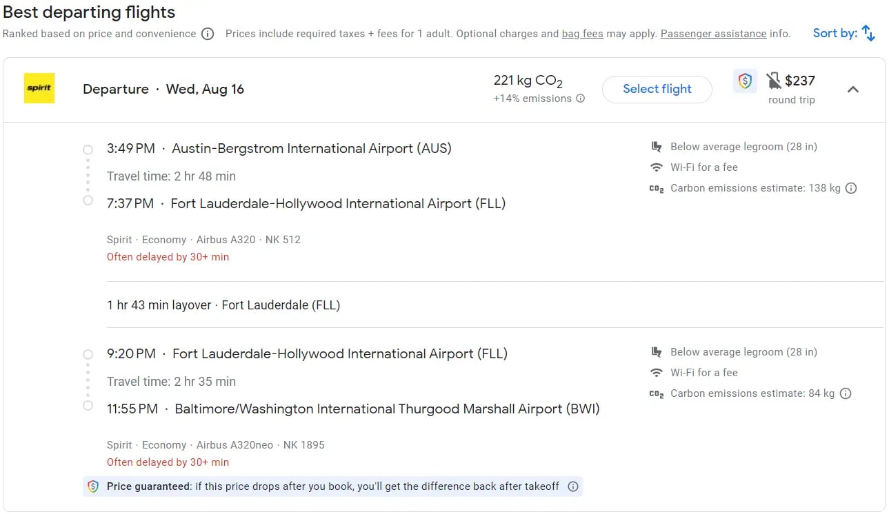 The image shows the best deals on flights, with departure times for each route.