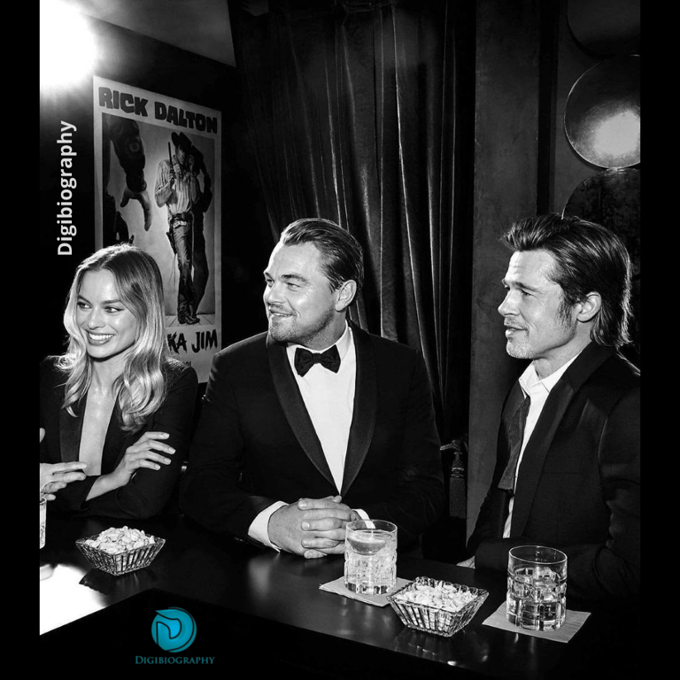 Brad Pitt wearing a black suit and sitting with his wife and friend