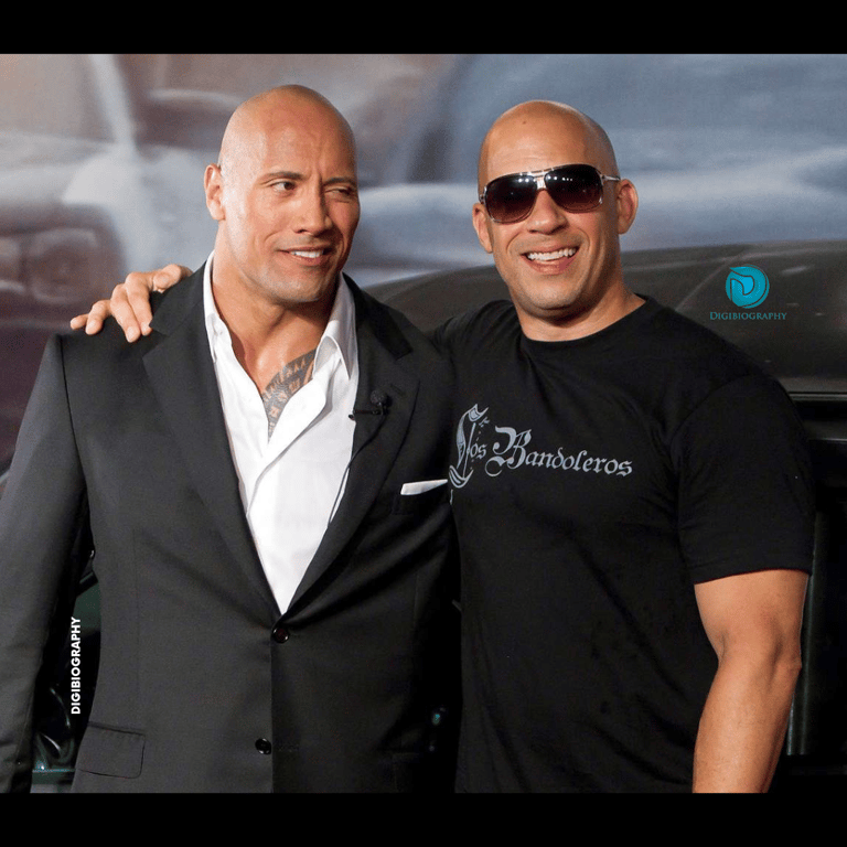 Dwayne Johnson stands with Vin Diesel and wears a black coat